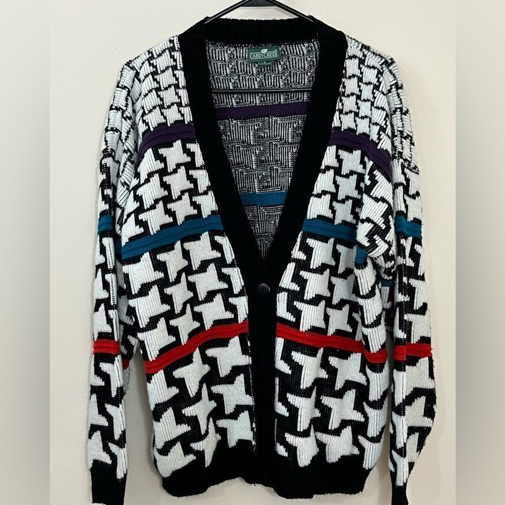 Vintage 90’s Cabin Creek Artsy Bold Print Acrylic Cardigan Sweater L